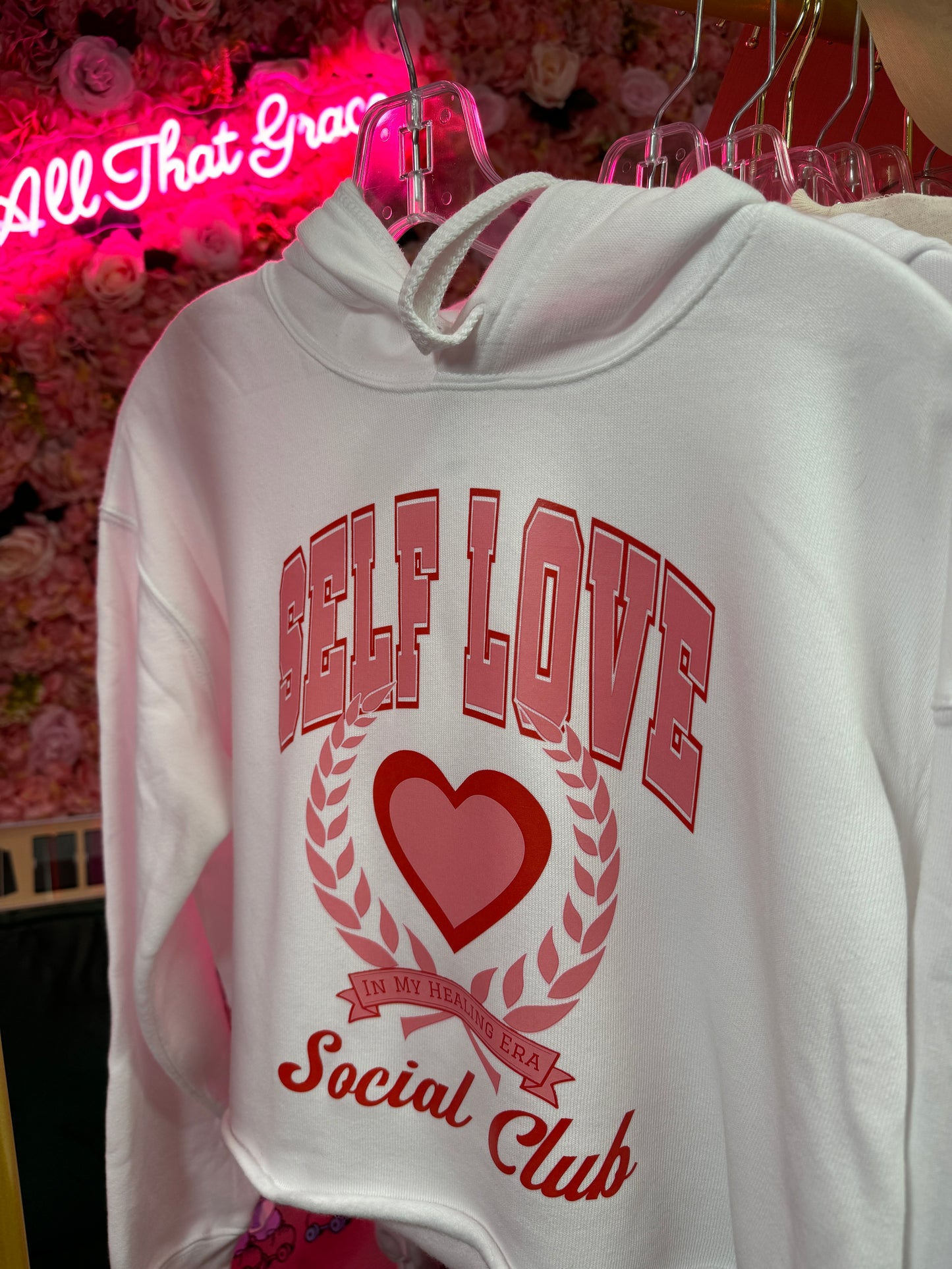 Self Love Social Club Cropped Fleece Hoodie Sweater Red and White