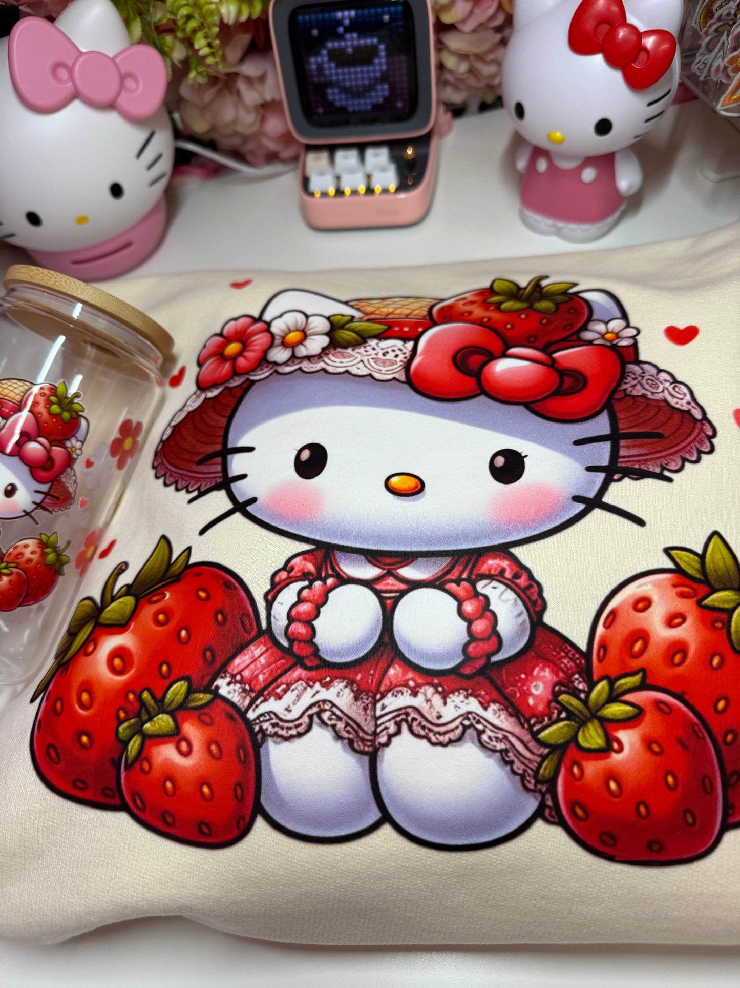 Spring Strawberry Kitty Sweater in Ivory Unisex