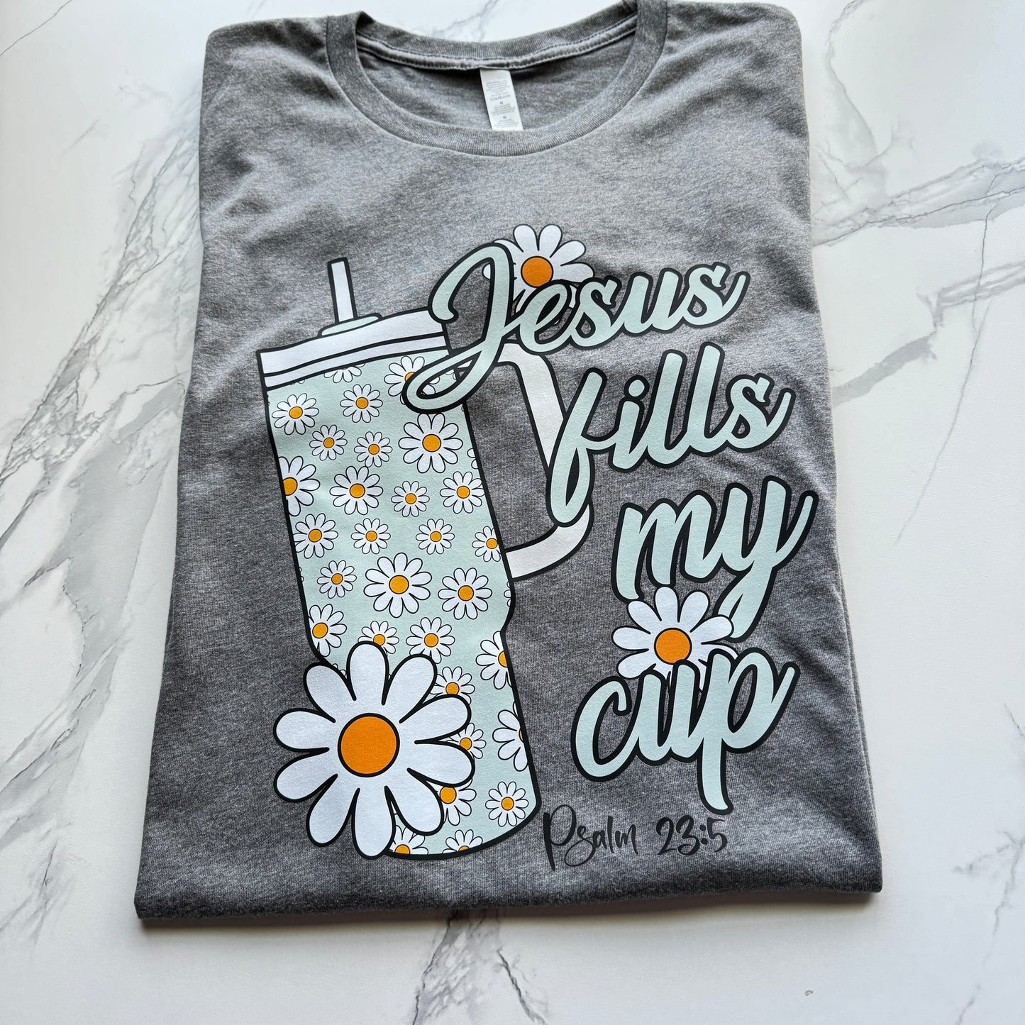 Jesus Fills My Cup Psalm 23:5 Tee in Gray Heather Unisex