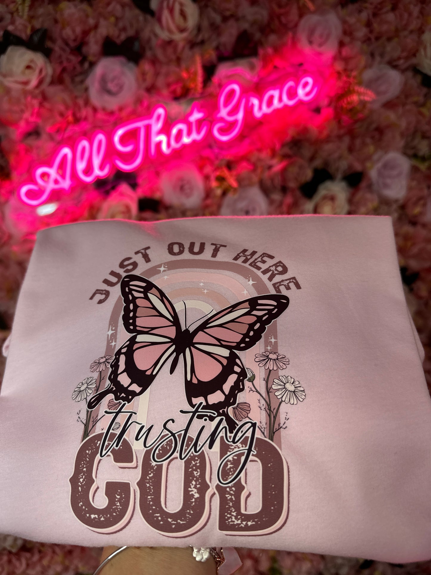 Just Out Here Trusting God Butterfly Tee In Pink Unisex Size