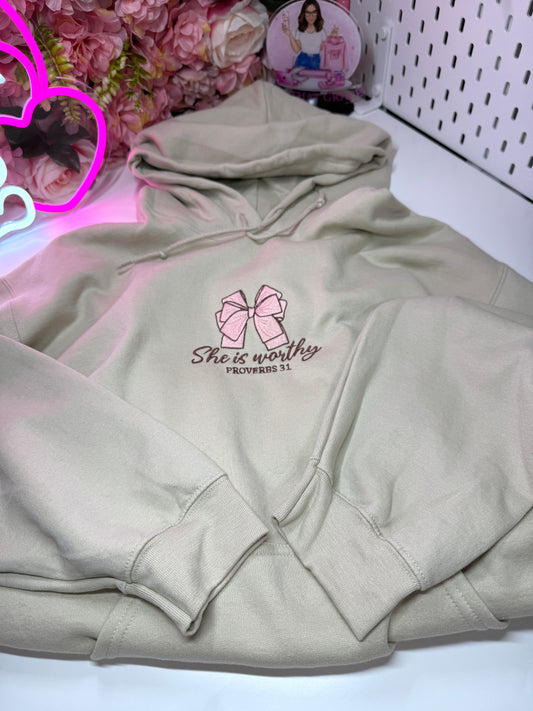 She is Worthy Proverbs 31 Bow Coquette Embroidered Hoodie in Sand