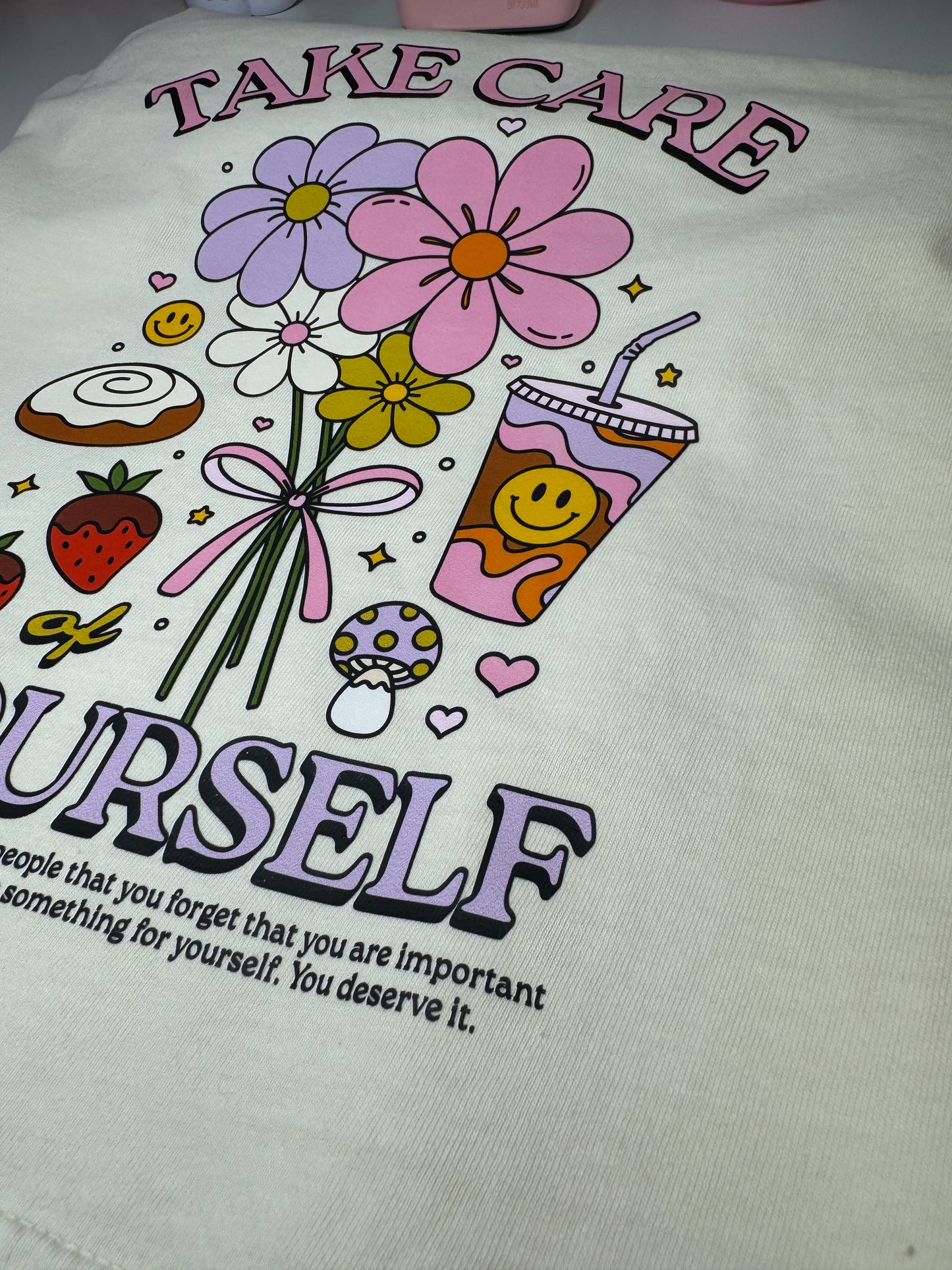 Take Care of Yourself Self Care Retro Boxy Fit Tee in Ivory