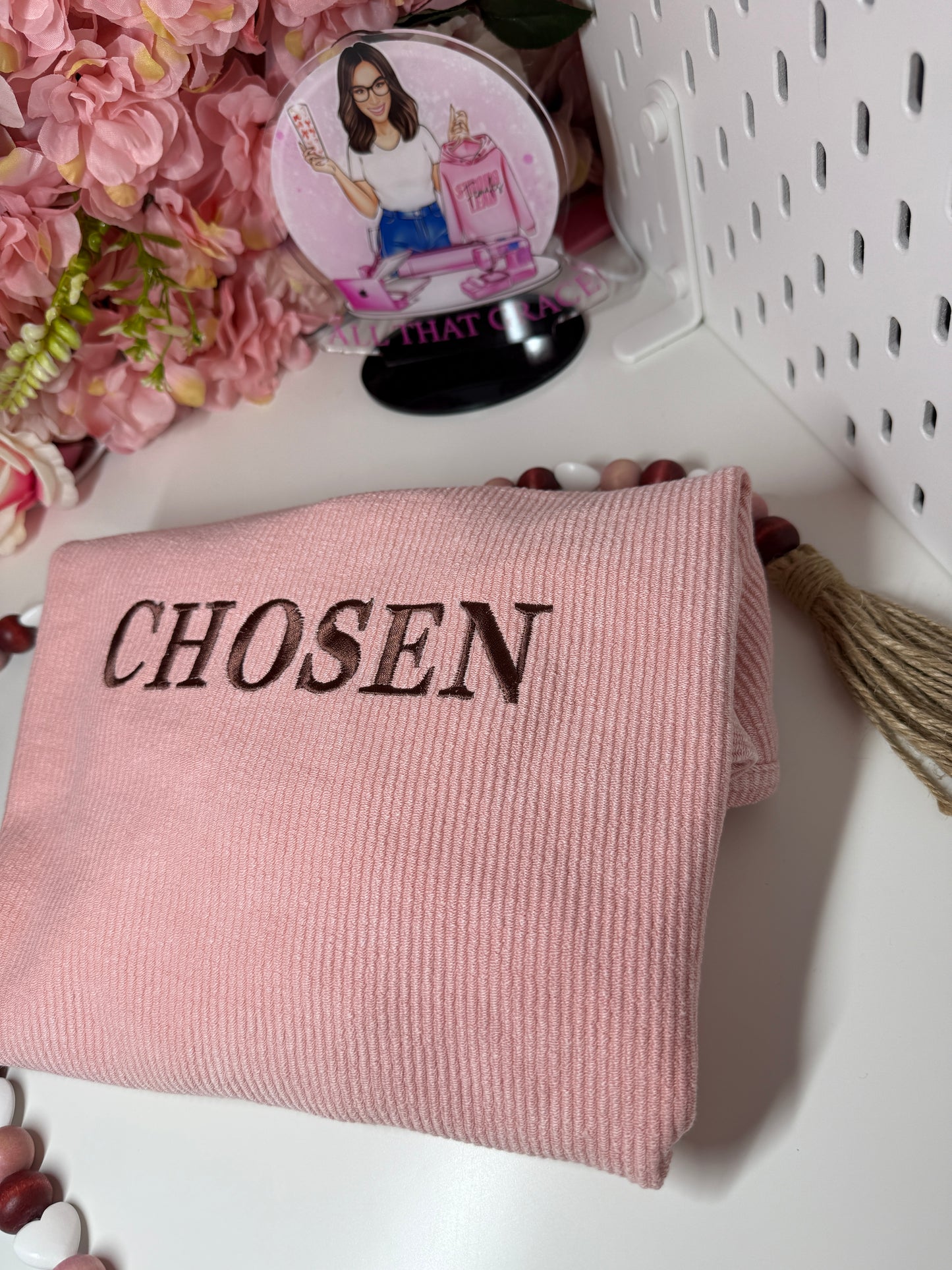 Chosen Embroidered Corded Crew Pullover in Pink