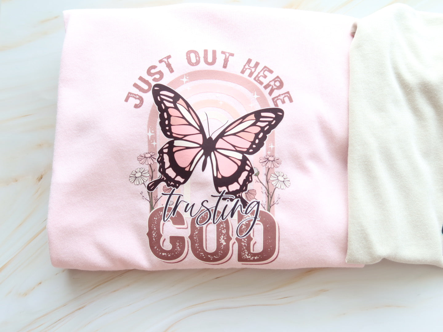 Just Out Here Trusting God Butterfly Tee In Pink Unisex Size