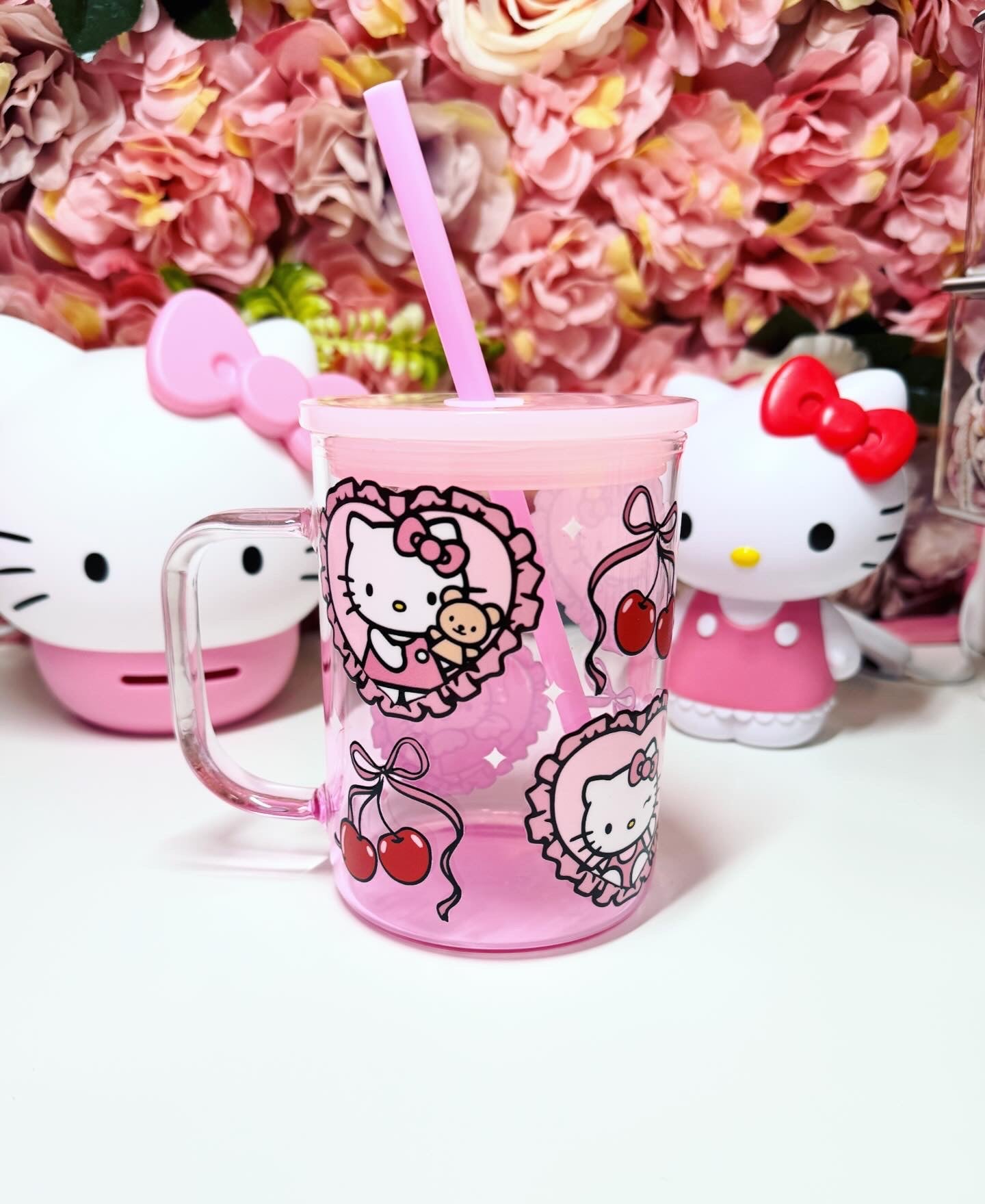 Cat, Bear, Bow, and Cherries Gradient Pink Mug