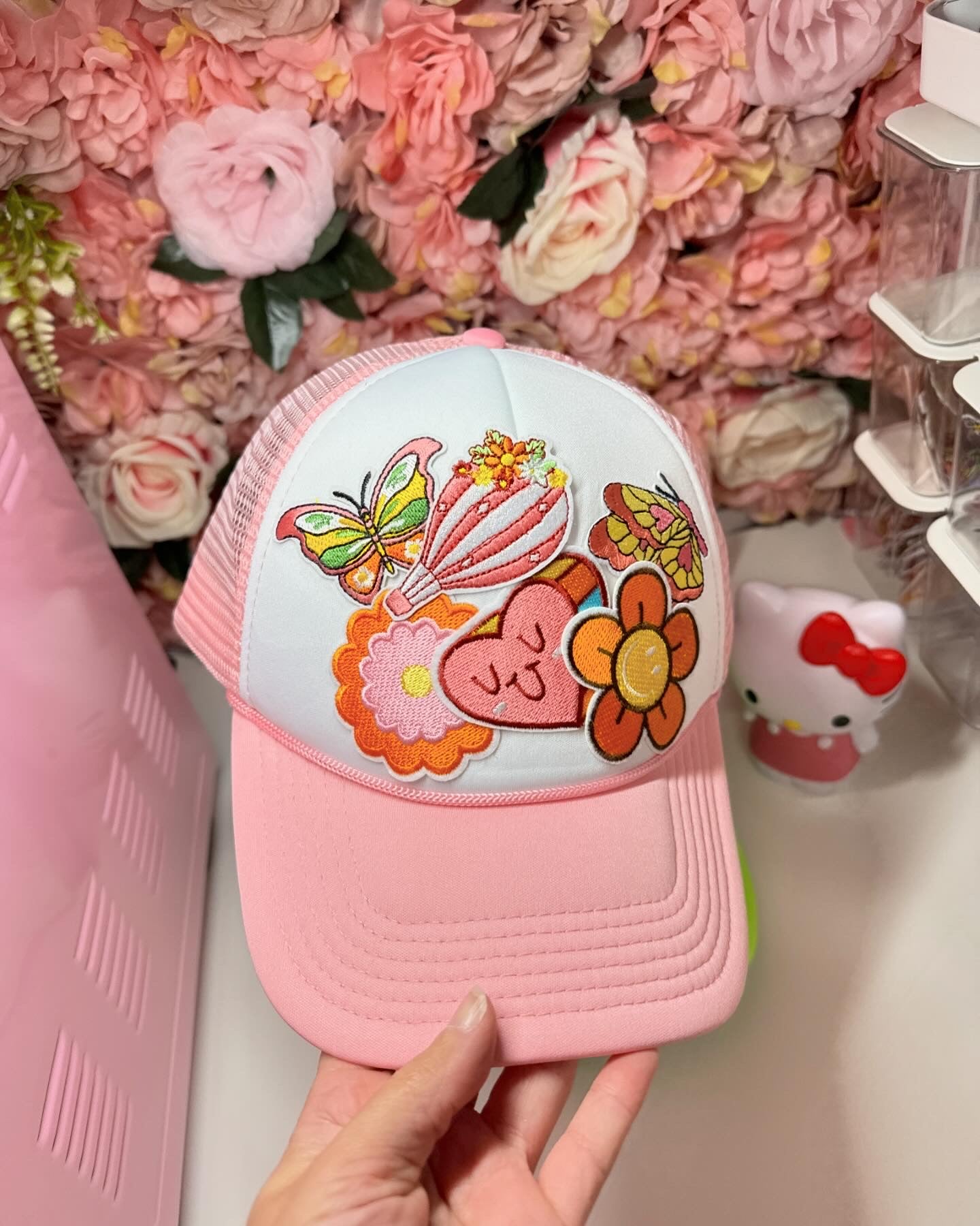 Retro One of A Kind Patch Trucker Hat in Pink and White