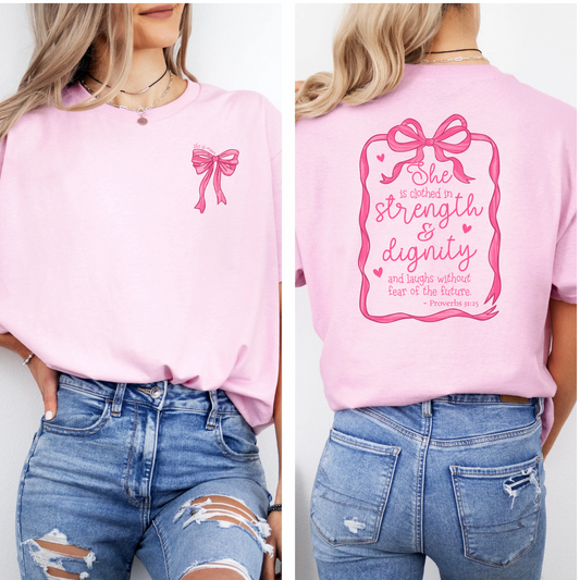 She Is Mom She Is Clothed In Strength And Dignity Proverbs 31:25 Soft Tee in Pink