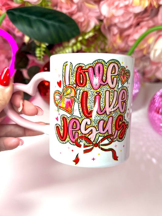 Love Like Jesus Coquette Heart Ceramic Mug Pink Heart Handle 11oz