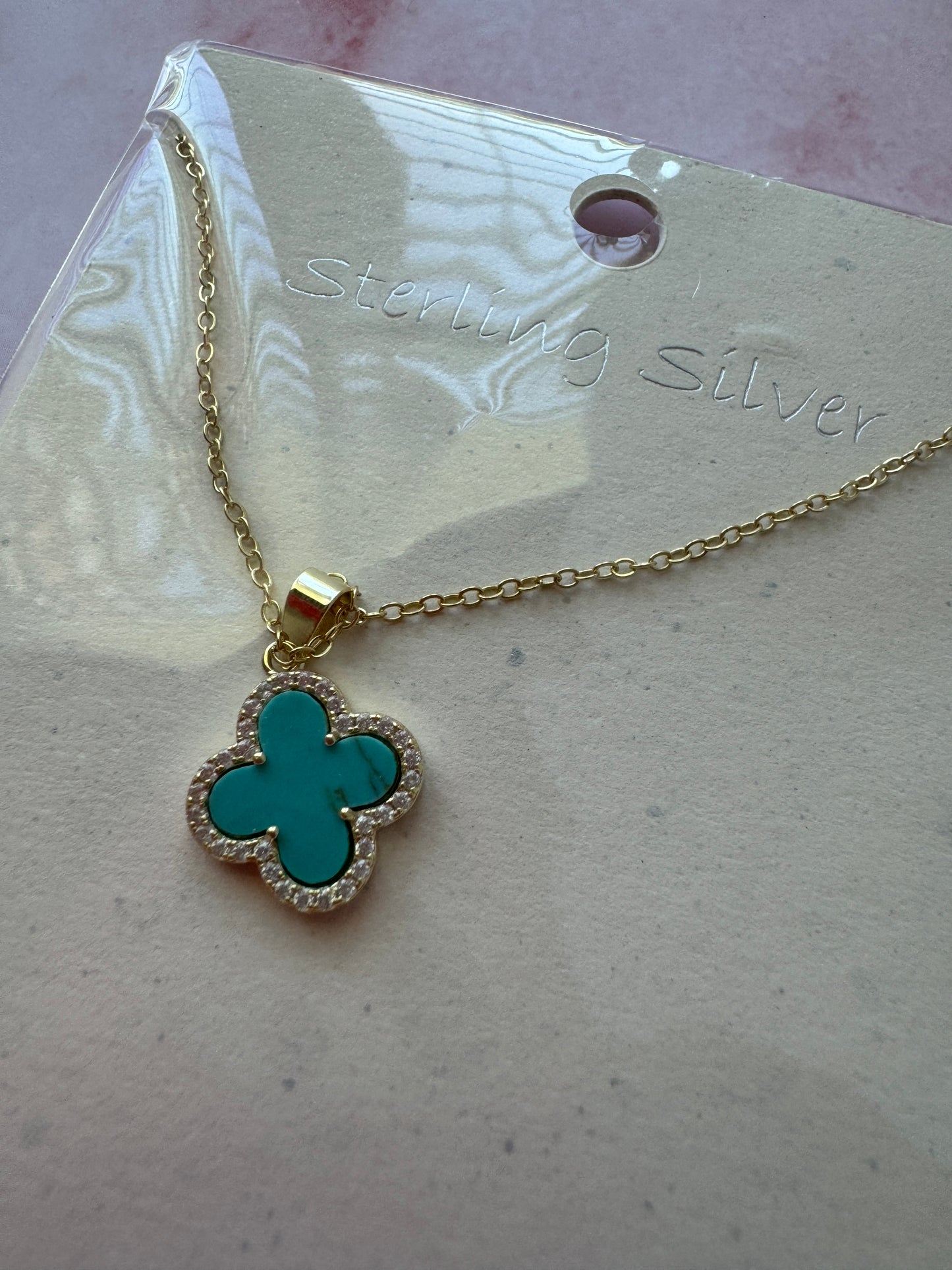 Clover Pave Pendant Gold Necklace in Turquoise Stone