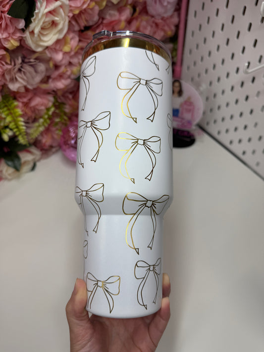 Bow Coquette Engraved Tumbler Gold and White 40oz Available in Different Colors