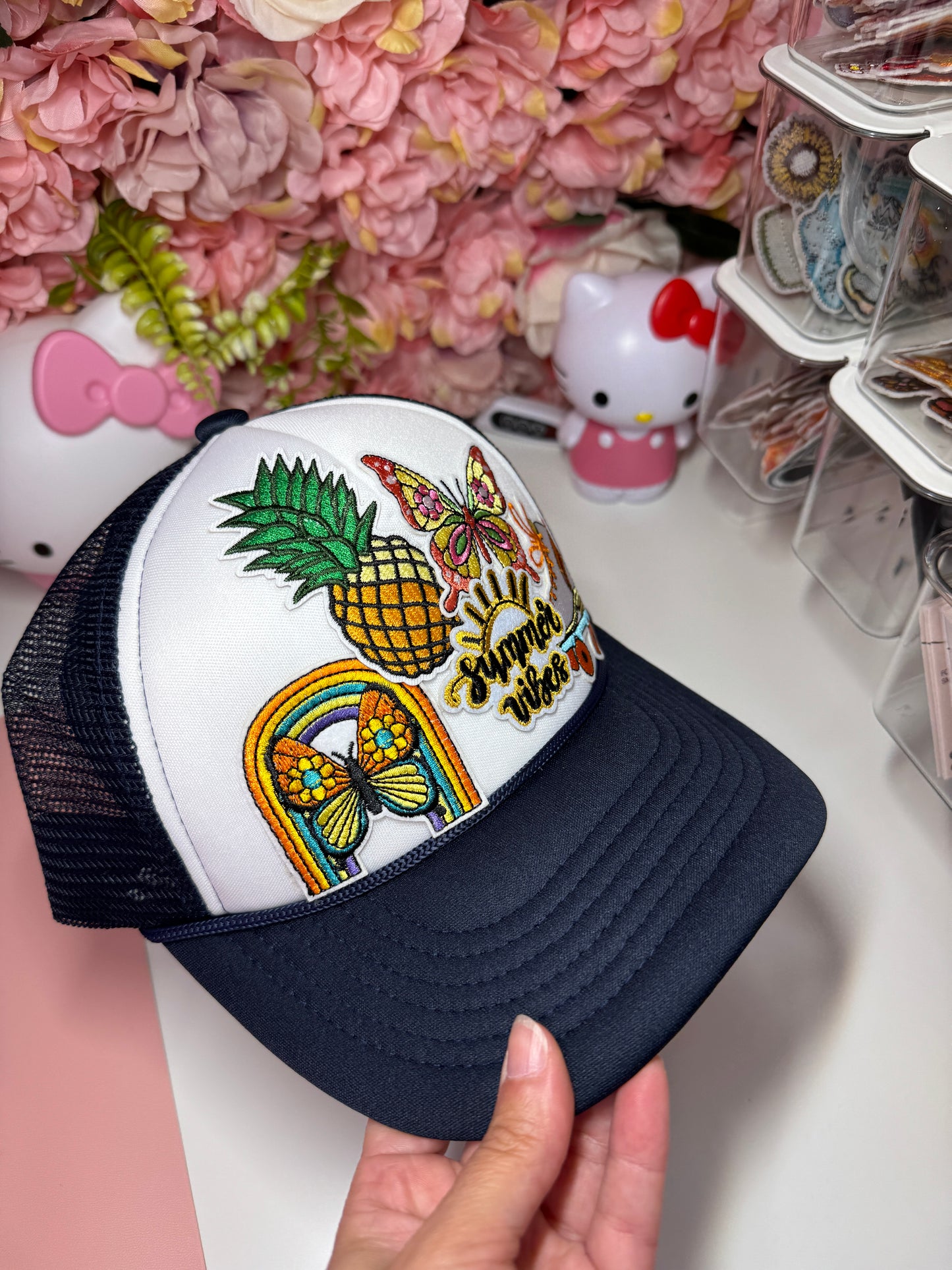 Summer Vibes Tropical Retro Trucker Hat Navy and White