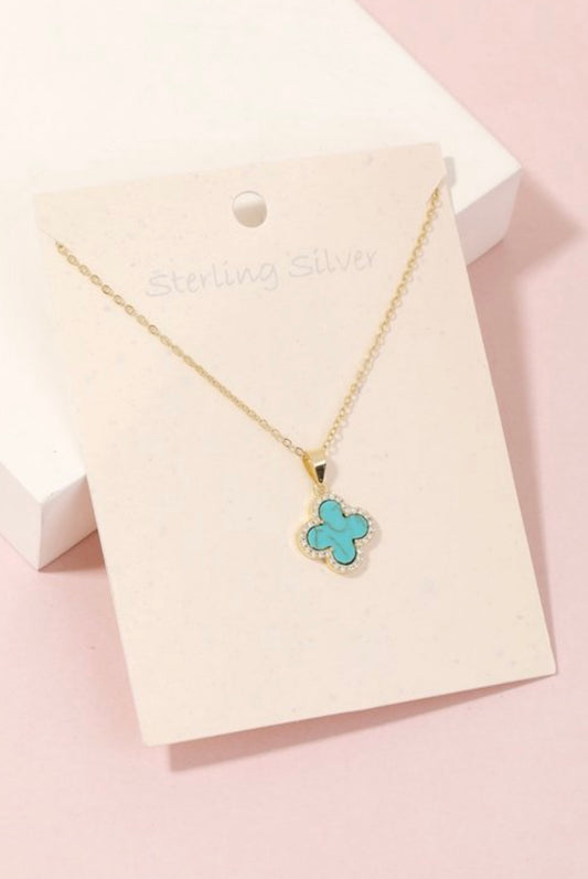 Clover Pave Pendant Gold Necklace in Turquoise Stone