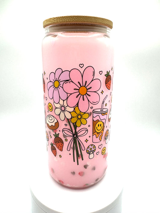 Retro Flower and Coffee in a Strawberry Milk Snow Globe 16oz cup
