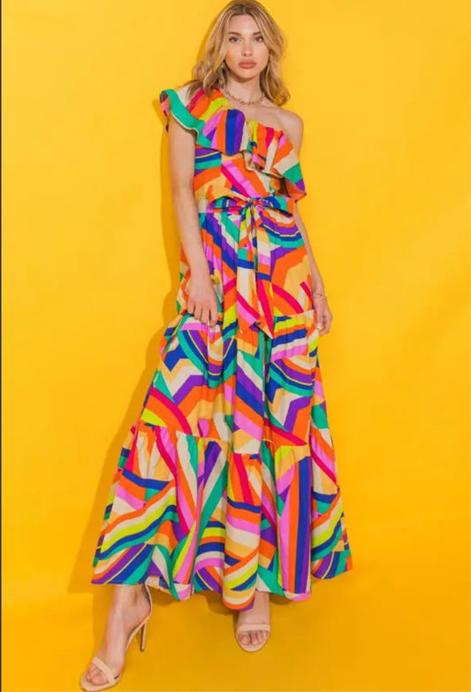 Printed Woman's Poplin Maxi Dress in Rainbow