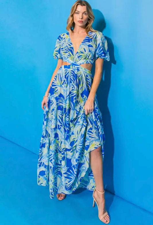 Palm Cut Out Woman's Maxi Dress in Blue