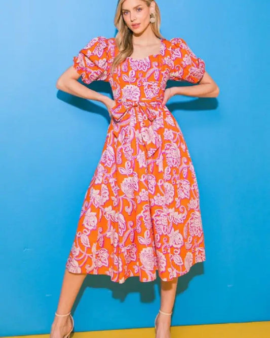 Printed Woman's Poplin Midi Dress in Orange and Pink