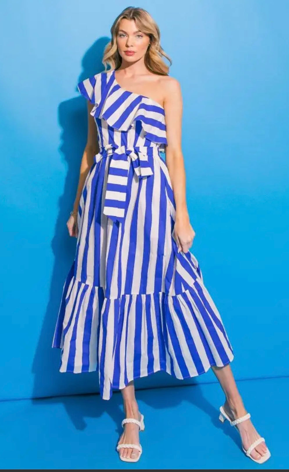 Stripped Woman's Poplin Midi Dress in Blue