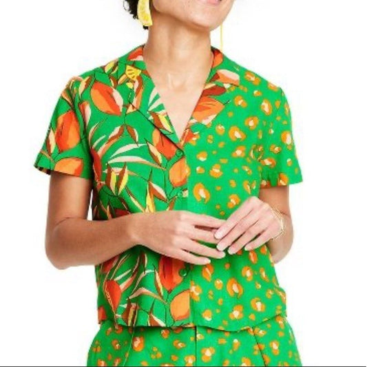 Tabitha Brown Women's Leopard/Orange Print Button-Down Shirt Size Small NWT