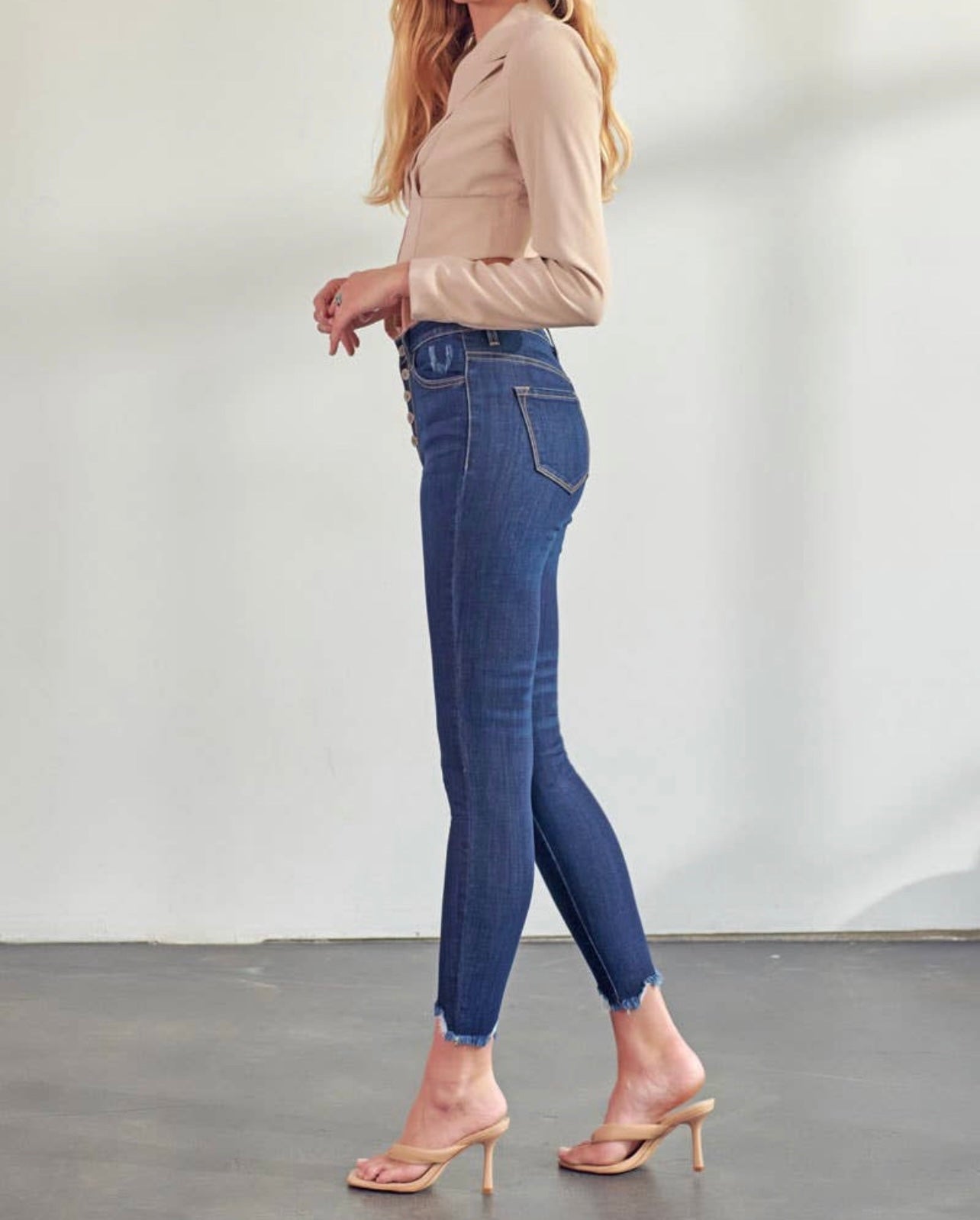 Kan Can Raw Frayed Hem Skinny Jeans in Indigo Blue