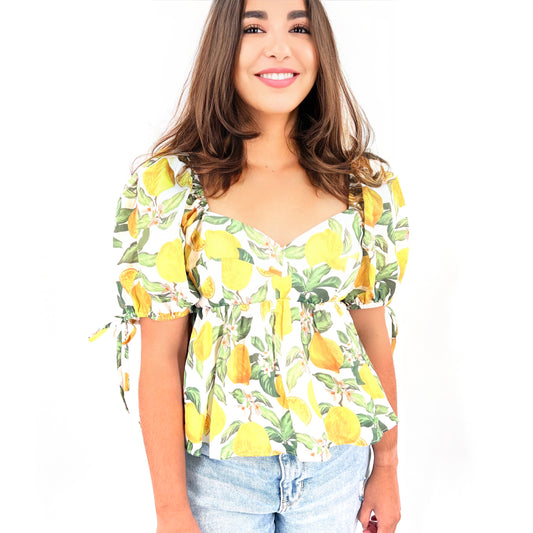 English Factory Lemon Print Peplum Puff Sleeve Top