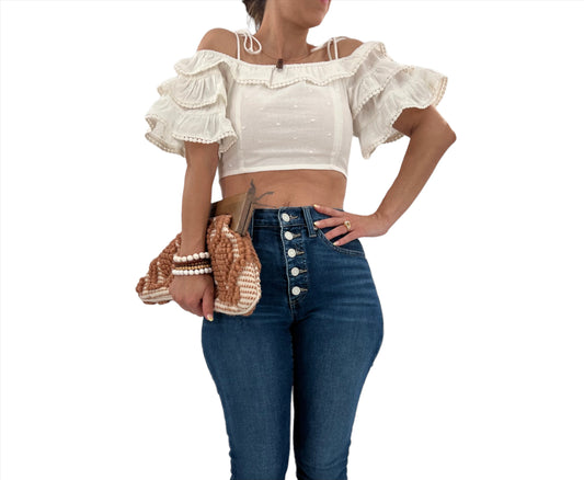 Eyelet Ruffle Crop In Ivory