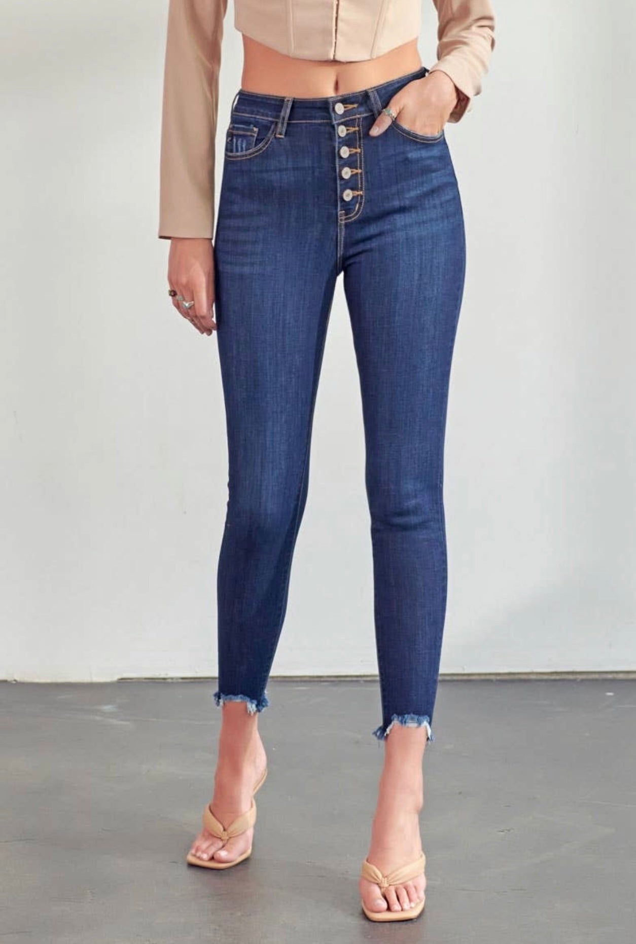 Kan Can Raw Frayed Hem Skinny Jeans in Indigo Blue