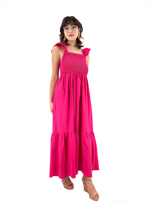 Neon Pink Smocked Poplin Midi Dress